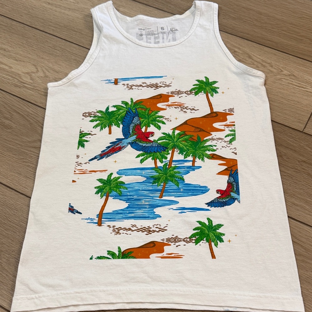 Disney's Aladdin x NEFF Tank Top Men’s Sz S Tropical Graphic Parrots Vacation